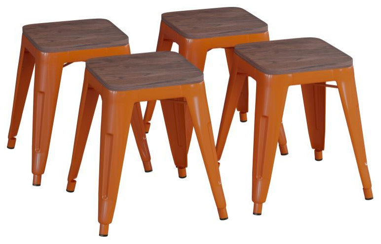Kai Commercial Grade 18" Barstool with Wooden Seat, Stackable, Set of 4, Orange