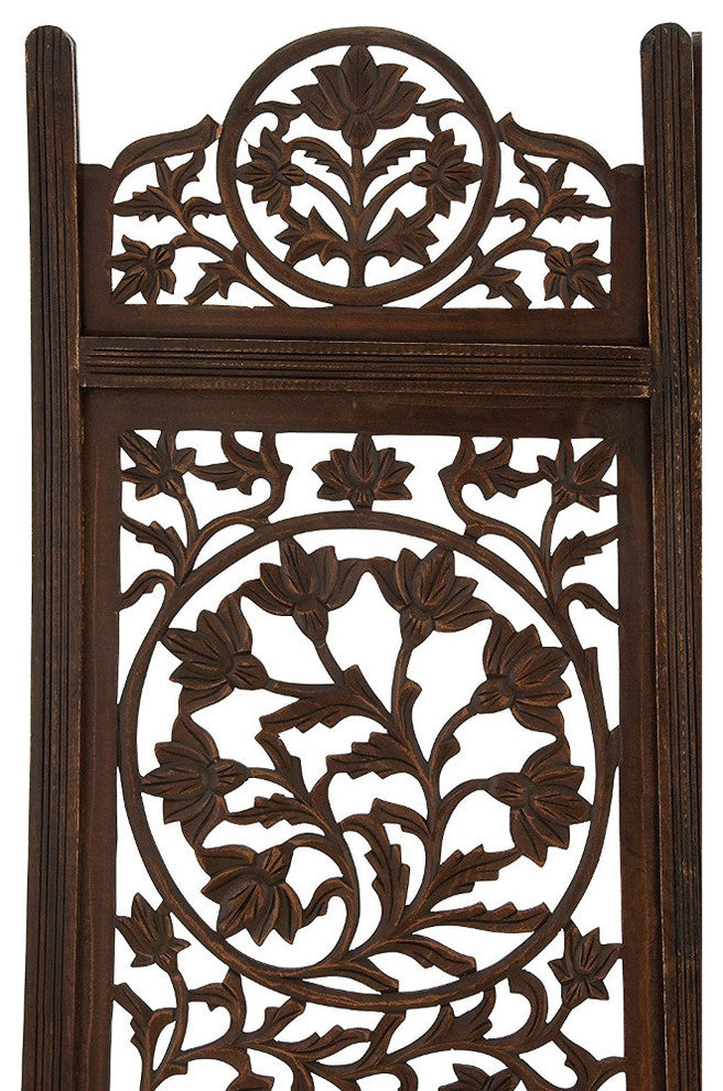 Benzara UPT-176789 4 Panel Room Divider Featuring Lotus Pattern-Reversible