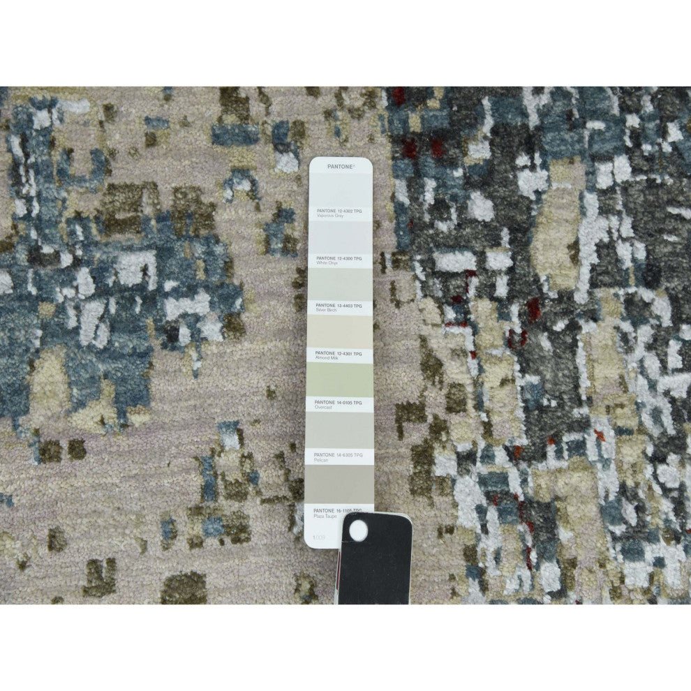 Bone Gray Natural Wool Hand Knotted Abstract Design Oriental Rug, 10'0"x14'2"