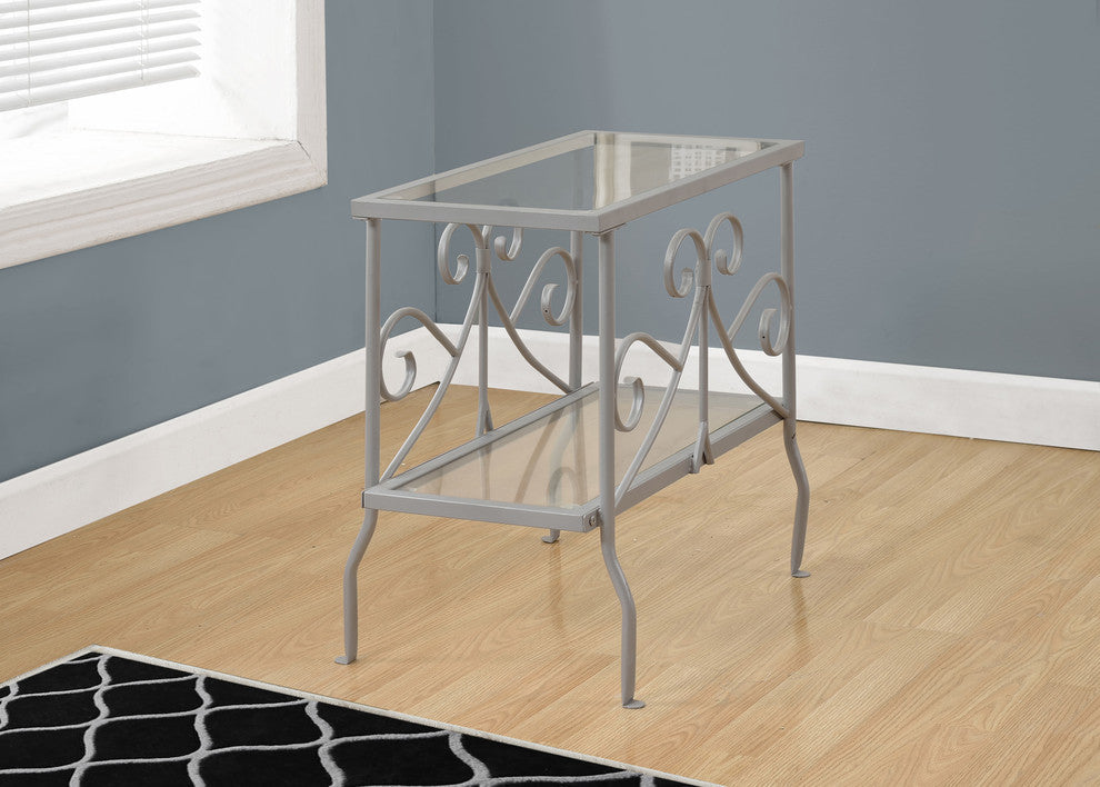 Accent Table, Silver Metal With Tempered Glass
