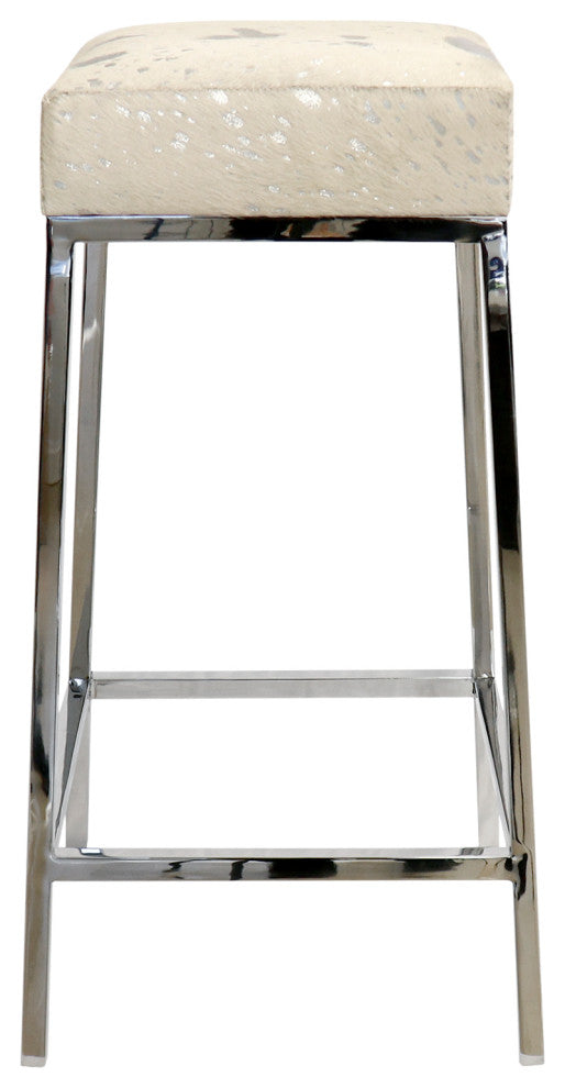 Pasargad Home Safari Cowhide Upholstered Bar Stool With Steel Legs, Silver