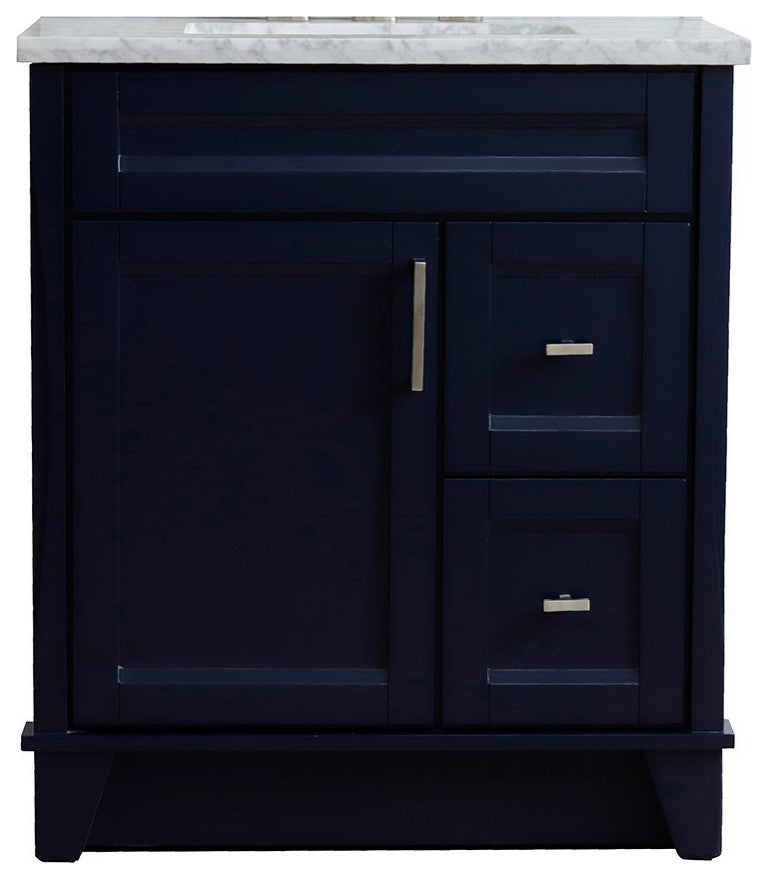 31" Single Sink Vanity, Blue Finish With White Carrara Marble