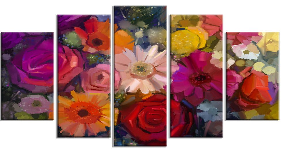 Bouquet of Rose Daisy and Gerbera, Floral Canvas Artwork, 60"x32", 5 Panels