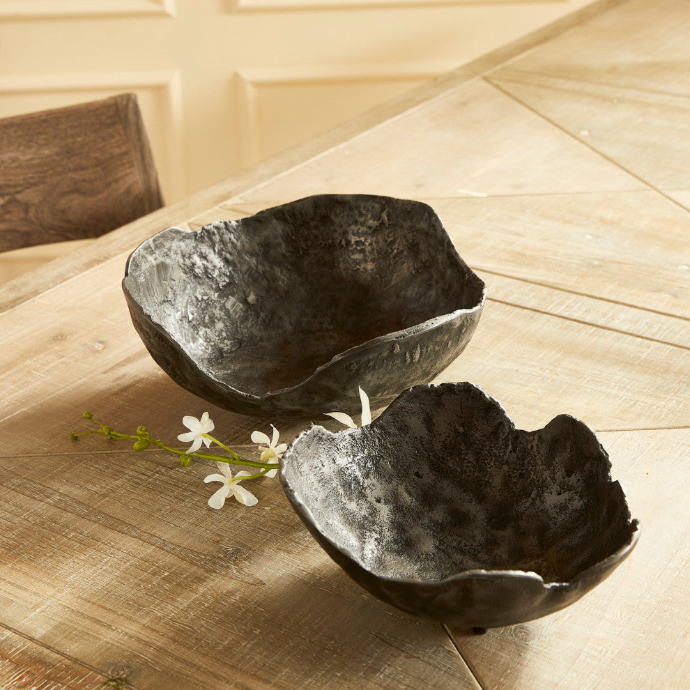Set of 2 Free Form Dark Gray Decorative Bowls Organic Shape Modern Metal Round