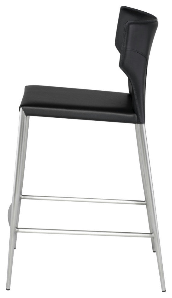 Wayne Counter Stool, Black Leather, Brushed Stainless Steel Legs