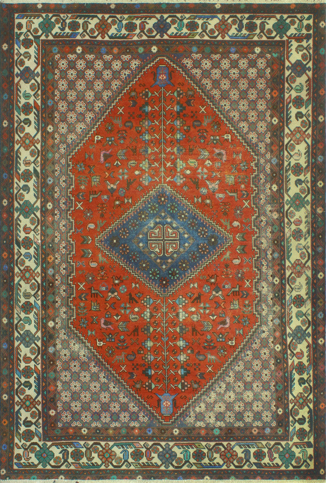 Fine Vintage Distressed Souzan Rust/Ivory Rug, 6'5x9'6