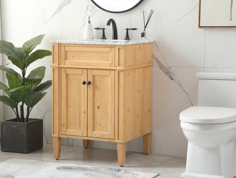 Home Living Vanity with Carrara White Marble Countertop, Natural Wood, 24", Single Sink