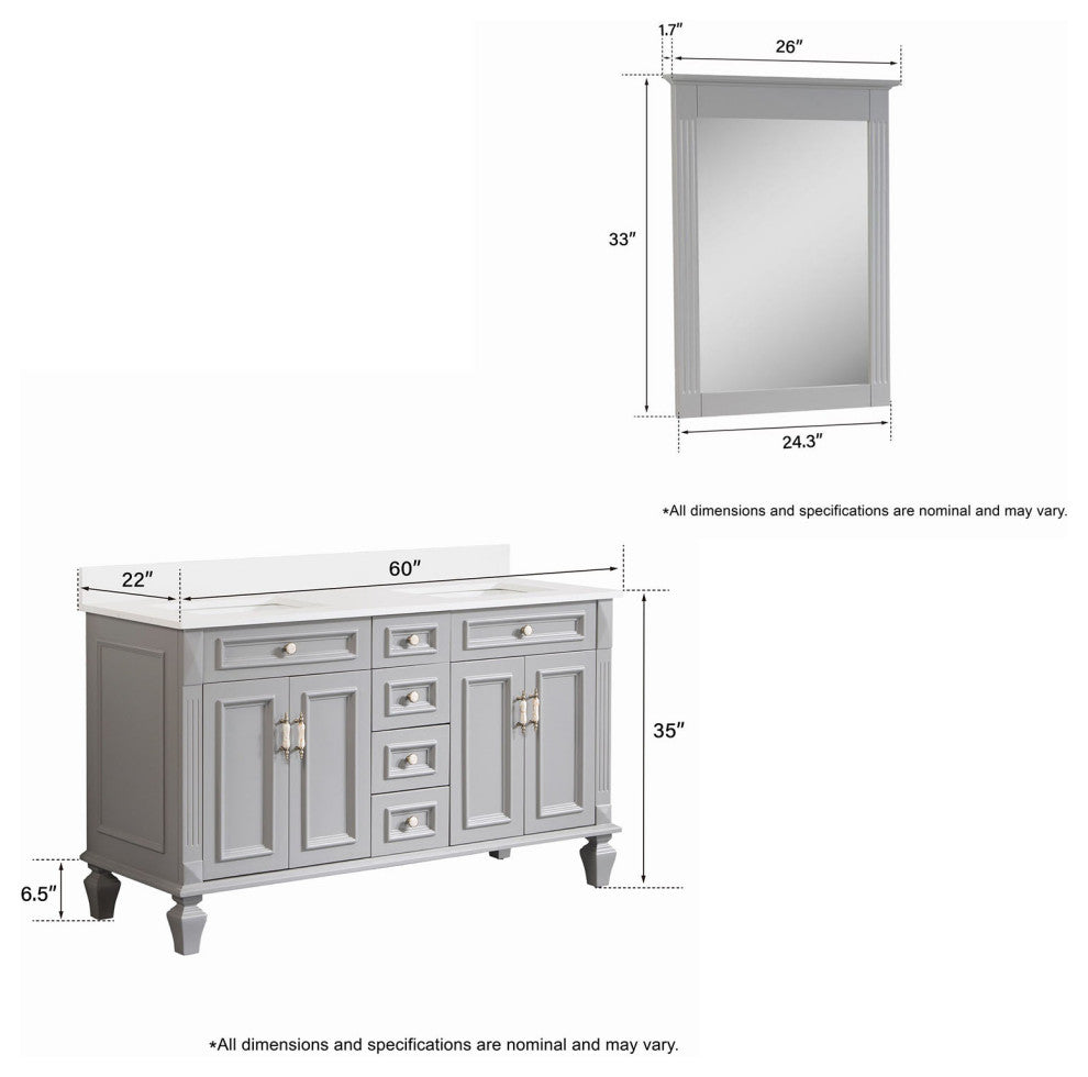 60 In Bathroom Vanity Set with 2Pcs 26 Inch Mirrors, Quartz Top, cUPC Certified, Titanium Grey