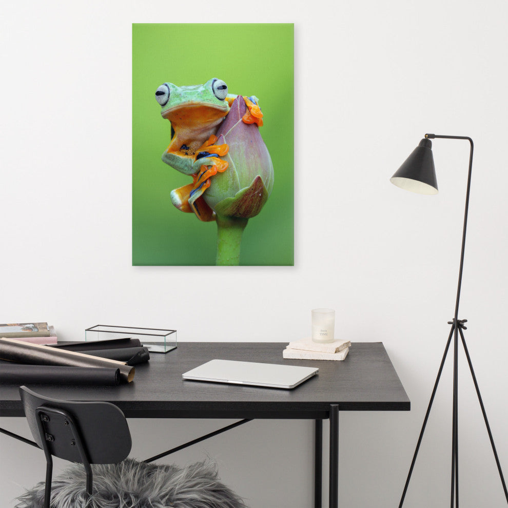 Tiny Green Tree Frog on Lotus Bloom Wildlife Floral Photo Canvas Wall Art Prints, 24" X 36"