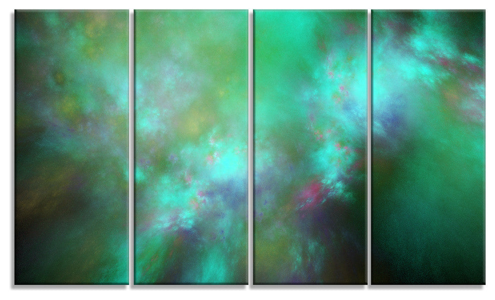 Blue Fractal Sky with Blur Stars, Abstract Canvas Art Print, 48"x28", 4 Panels
