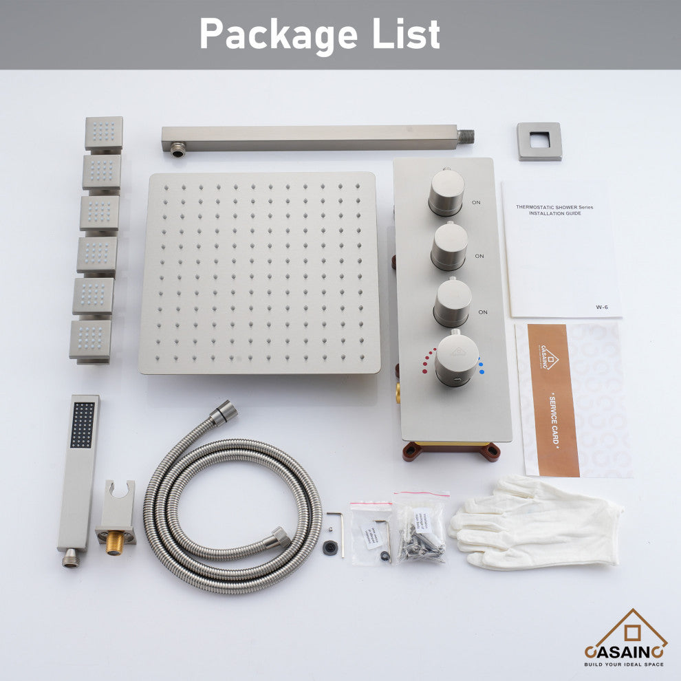 CASAINC 12" Wall Mounted Luxury Shower System Set w 6 Body Jets, Brushed Nickel