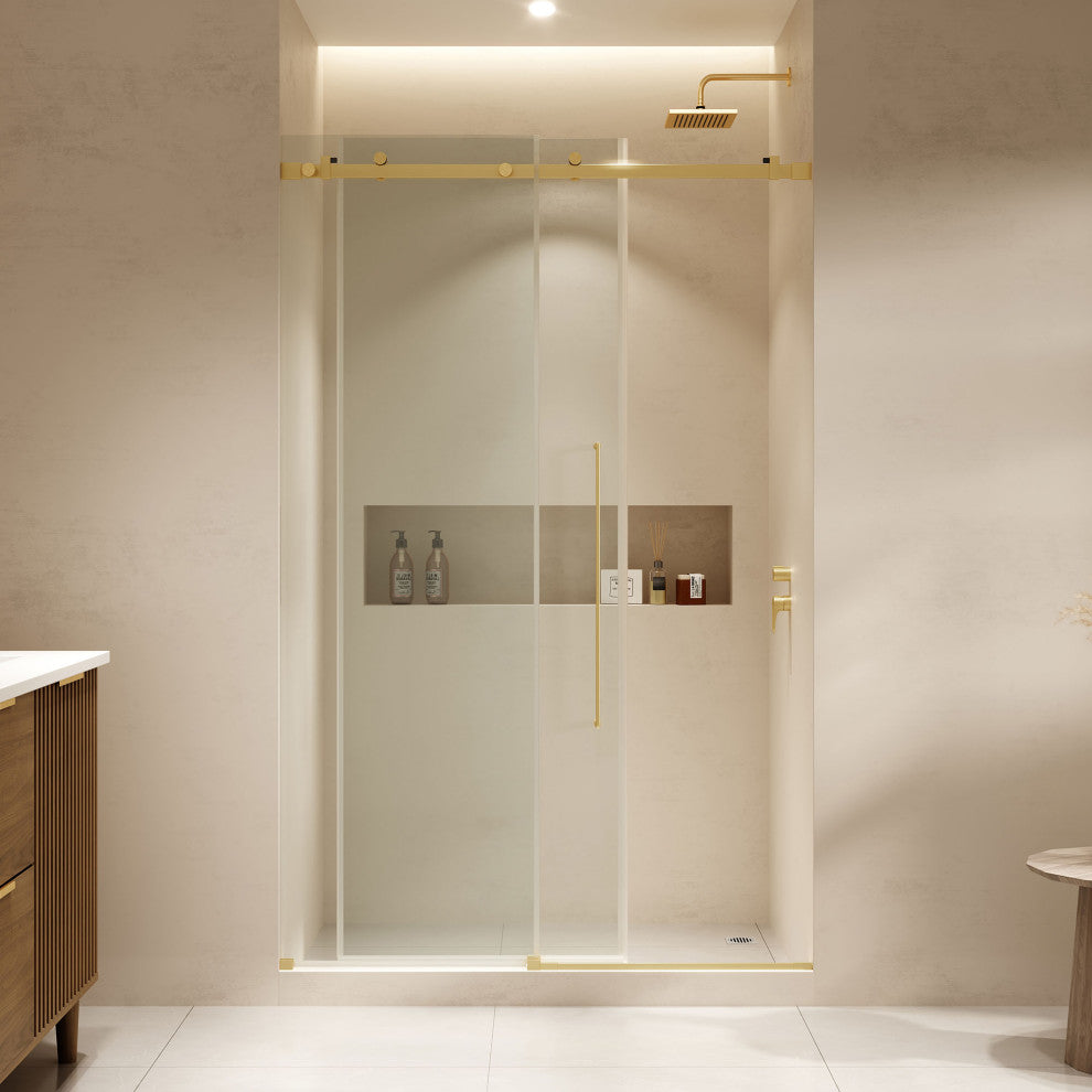 Selby Frameless Sliding Clear Alcove Shower Door, Brushed Gold, 48"