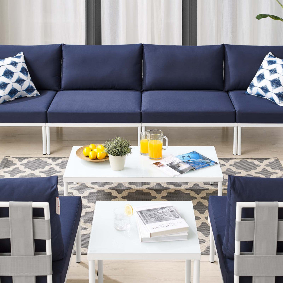 Sectional Sofa Chair Table Set, Sunbrella, Aluminum, Gray Blue Navy, Outdoor