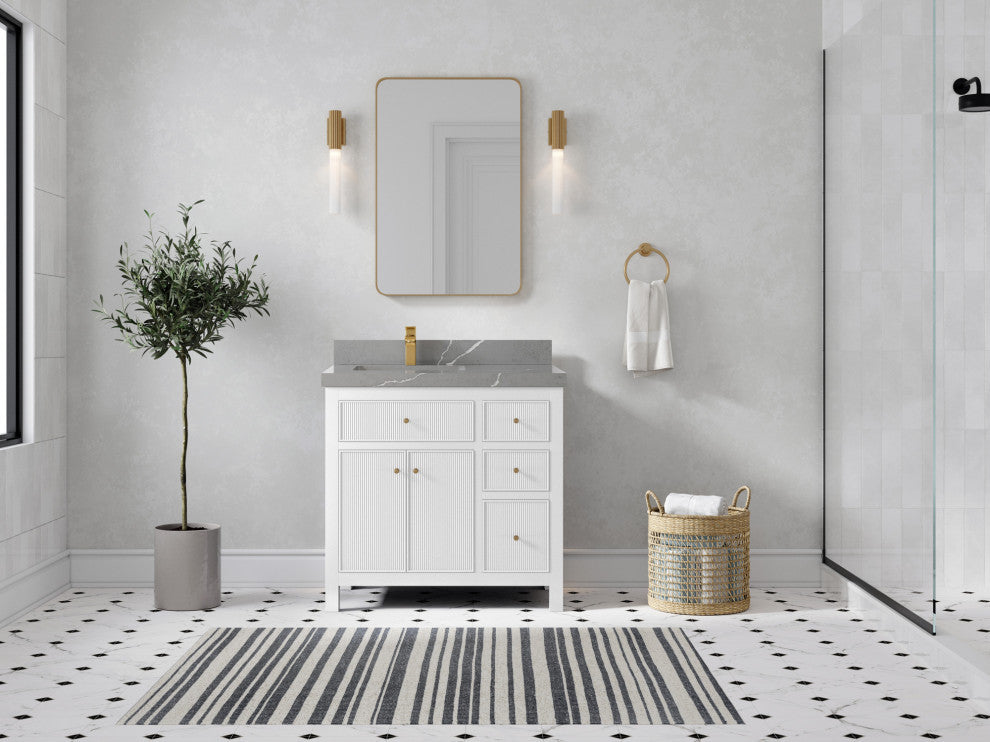 Sonoma 36 Left Offset Reeded Bath Vanity in White 2" Piatra Gray