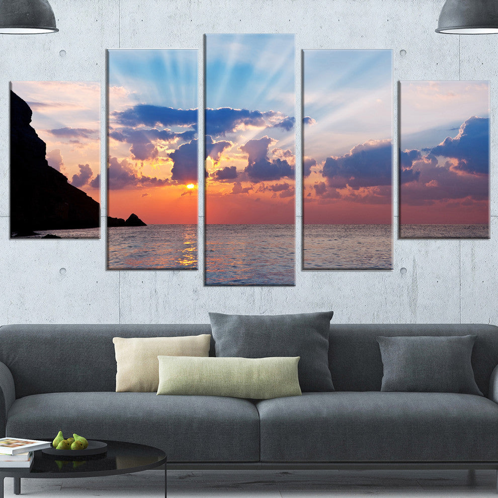 Beautiful Raising Sun and Mountains, Landscape Canvas Art, 60"x32", 5 Panels