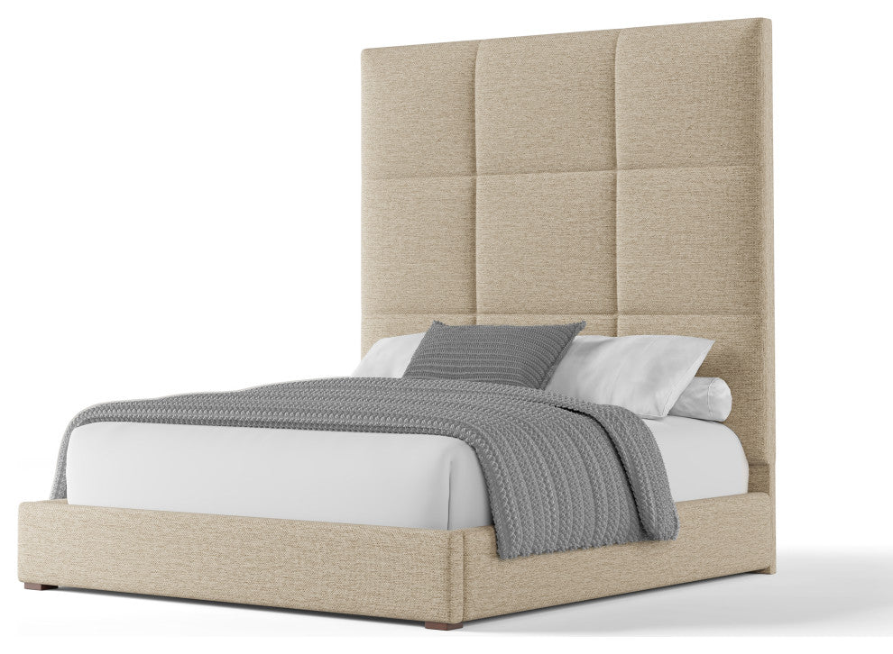 Nativa Interiors Moyra Square Tufted Bed, Flax, Queen, Headboard: High