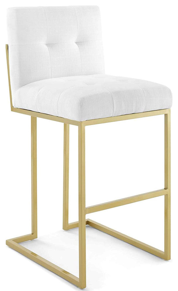 Modern Elegant Bar Stool, Gold Base & Polyester Seat With Biscuit Tufting, White