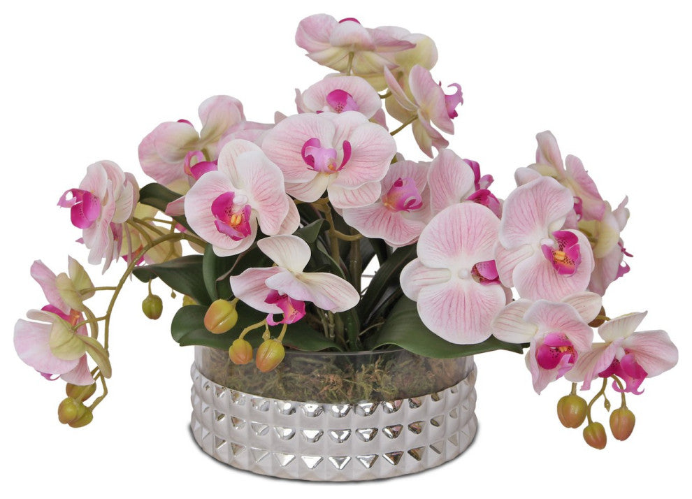 Real Touch Pink Orchid Flower Arrangement, Silver Glass Round Bowl