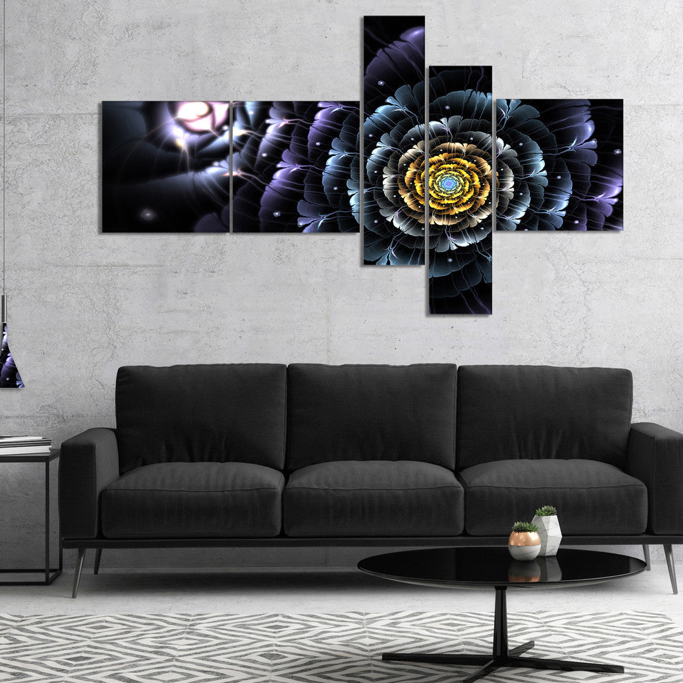 Dark Blue Fractal Flower in Dark, Floral Canvas Art print, 60"x32", 5 panels