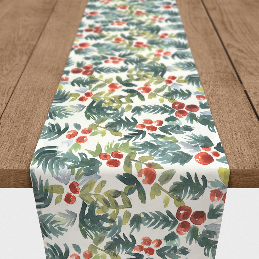 Watercolor Holly Table Runner, 16"x90"