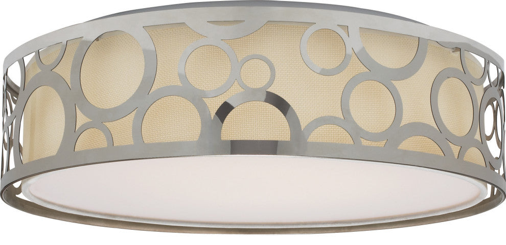 15" Filigree LED Decor Flush Mount Fixture - Polished Nickel Finish - White Fabr