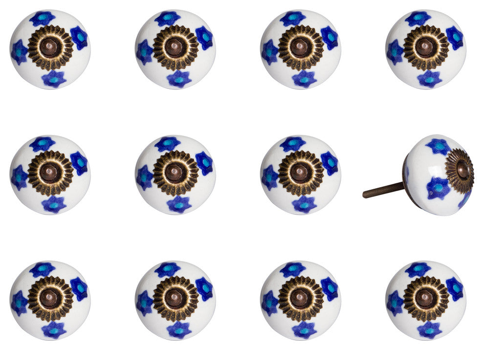 Knob-It Vintage Handpainted Ceramic Knobs, Set of 8, White/Blue/Turquoise
