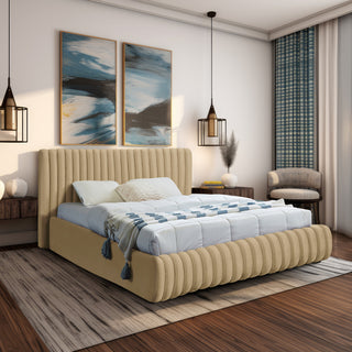Nico Black Velvet Upholstered Bed, Camel, Queen