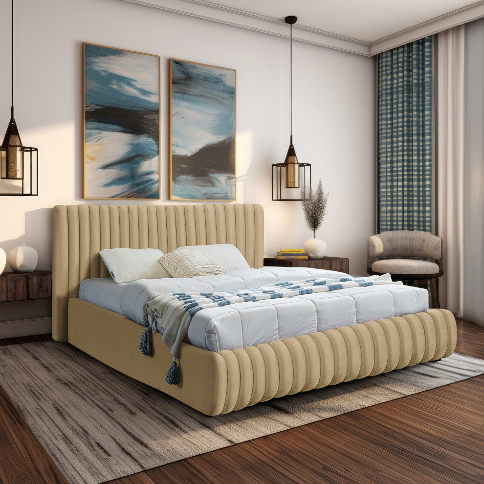 Nico Black Velvet Upholstered Bed, Camel, Queen