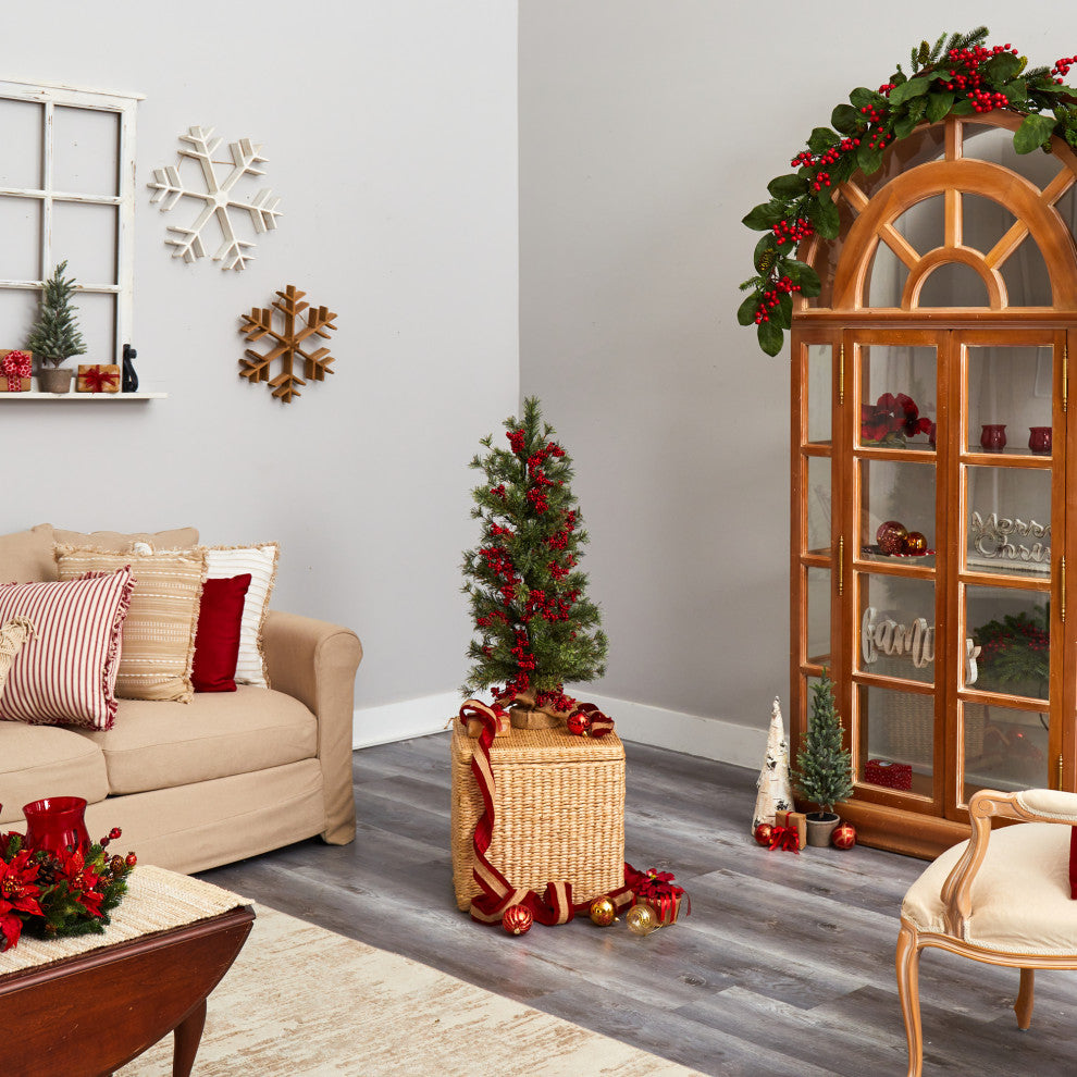 T3254 3 Berry and Pine Christmas Tree With 50 White Lights & Burlap Wrapped Base