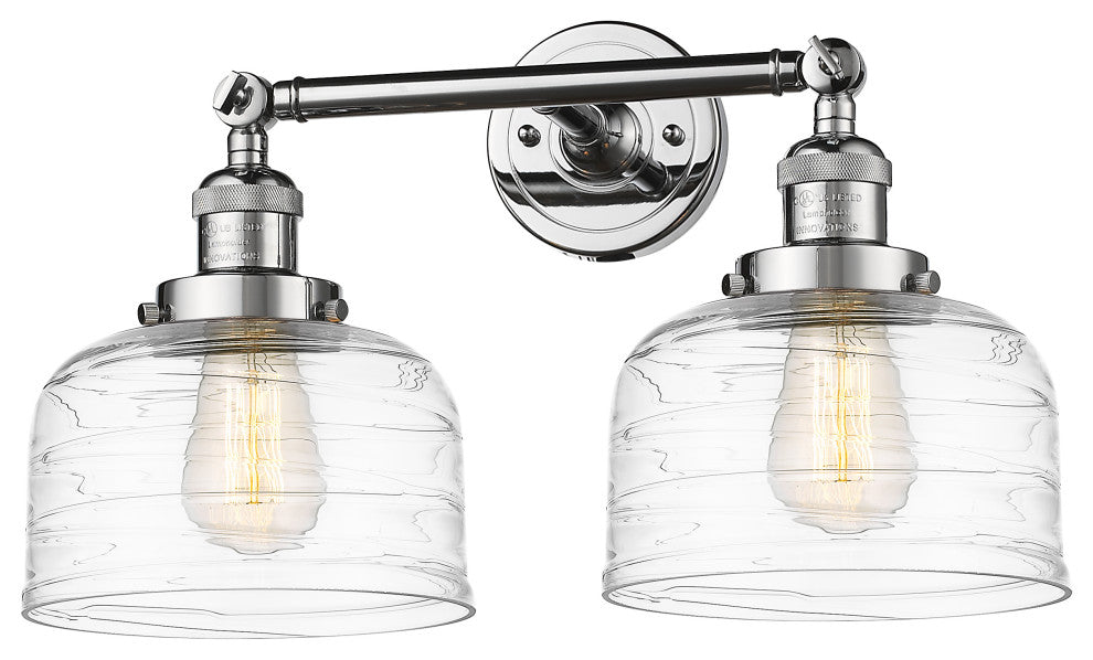 Large Bell 2 Light Bath Vanity Light, Polished Chrome, Clear Deco Swirl