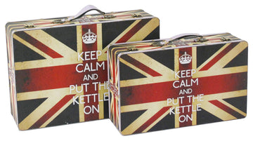 Benzara BM205924 Suitcase, Union Jack Print Canvas Upholstery, Multicolor, S/2