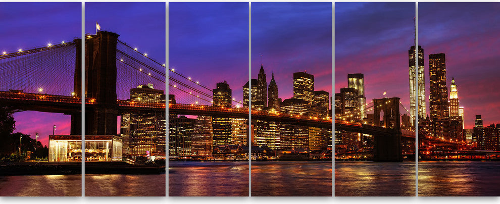 Brooklyn Bridge and Manhattan at Sunset, Pink, Canvas Print, 70"x28", 6 Panels