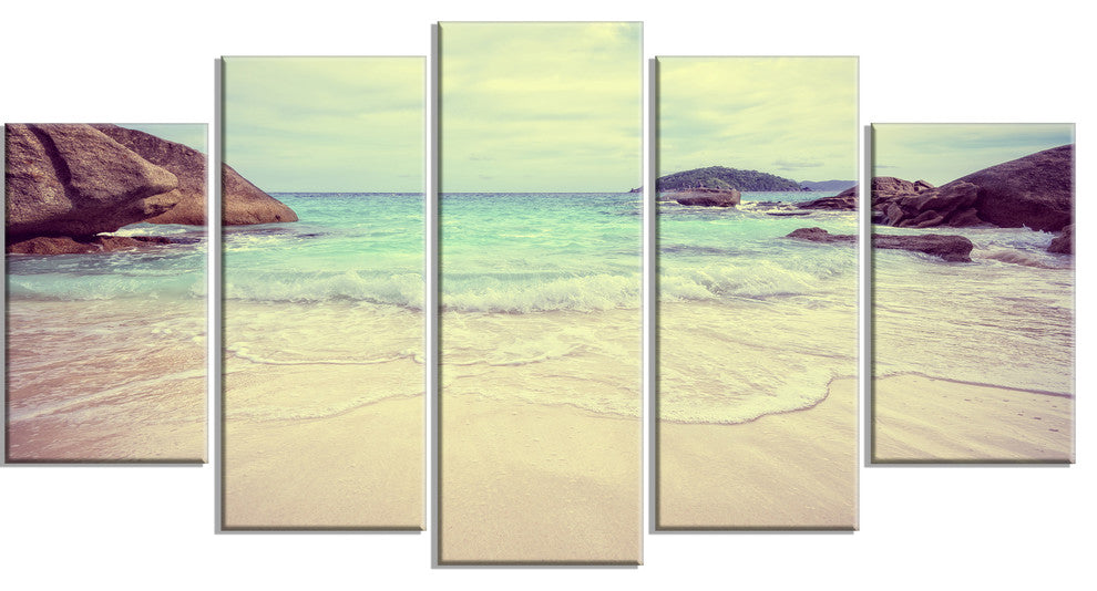 "Vintage Style Seashore Thailand" Seascape Art Canvas, 5 Panels, 60"x32"