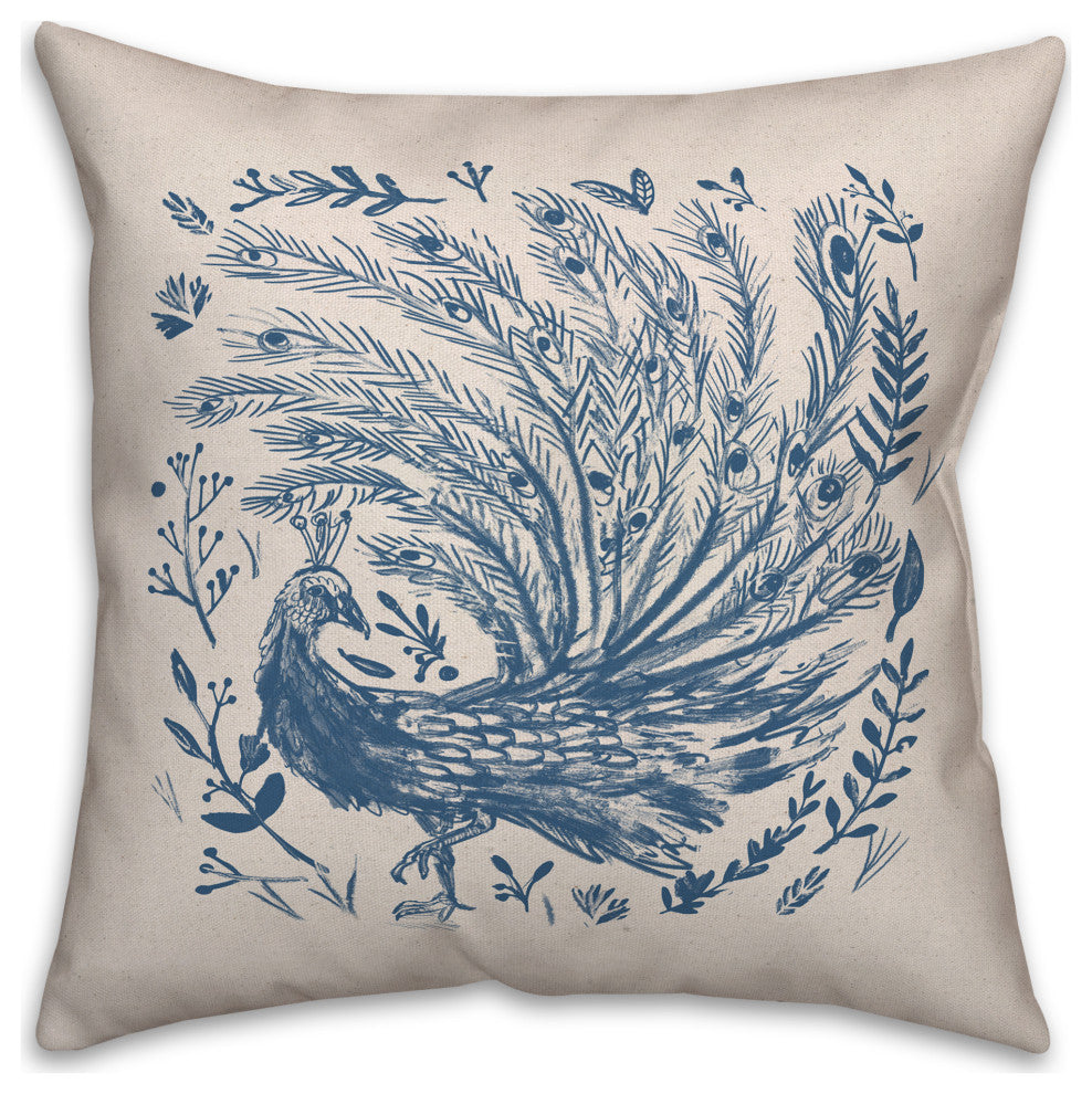Blue Drawn Peacock 4 20x20 Spun Poly Pillow