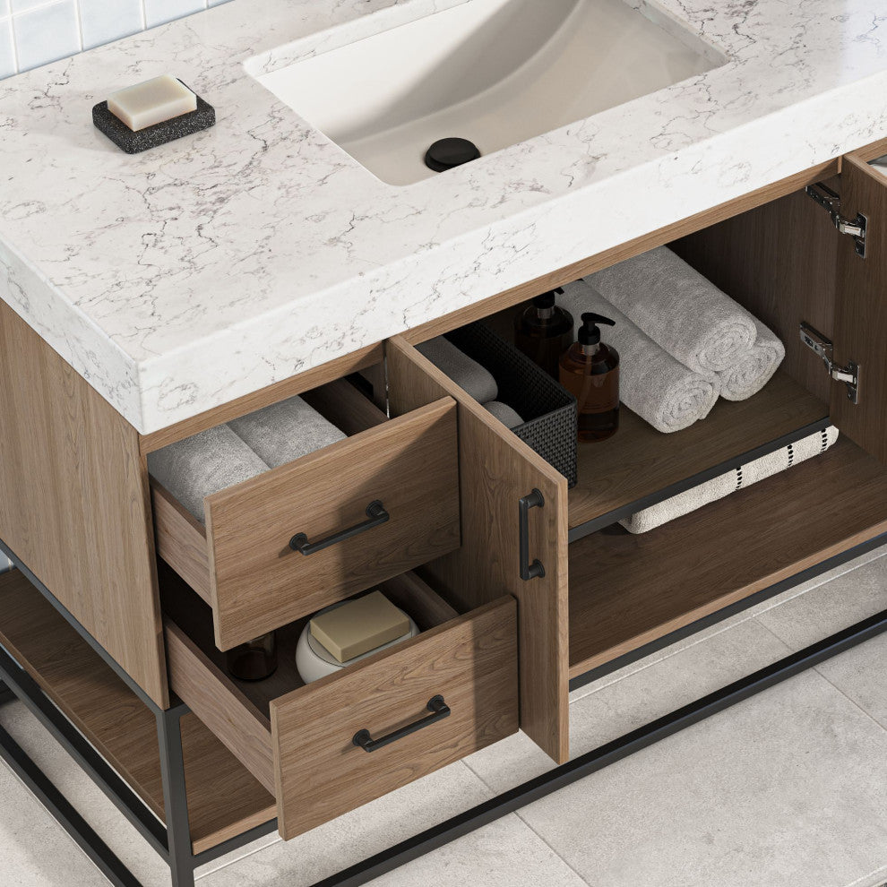 Bahia Bath Vanity, Oak, 48", Matte Black Hardware, Single, Freestanding