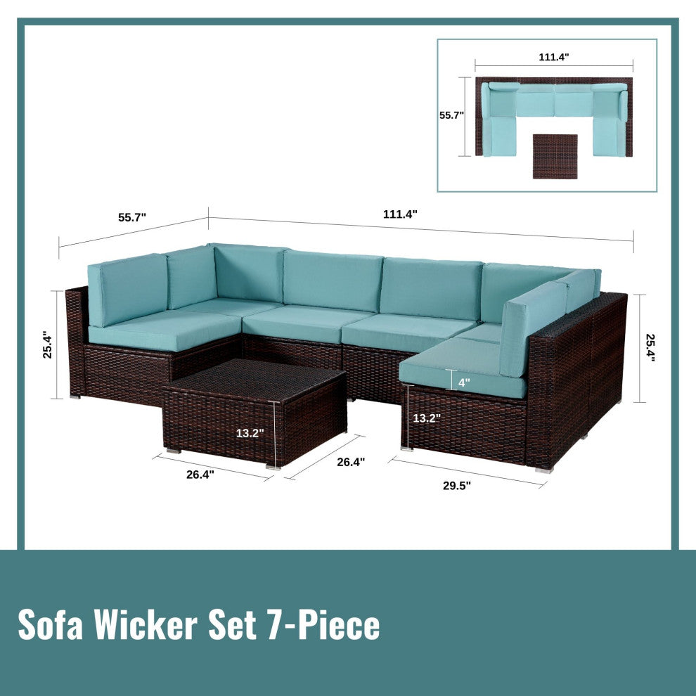7-Piece Outdoor Wicker U-Shaped Patio Sofa Set with Table and Cushions, Teal Blue+brown