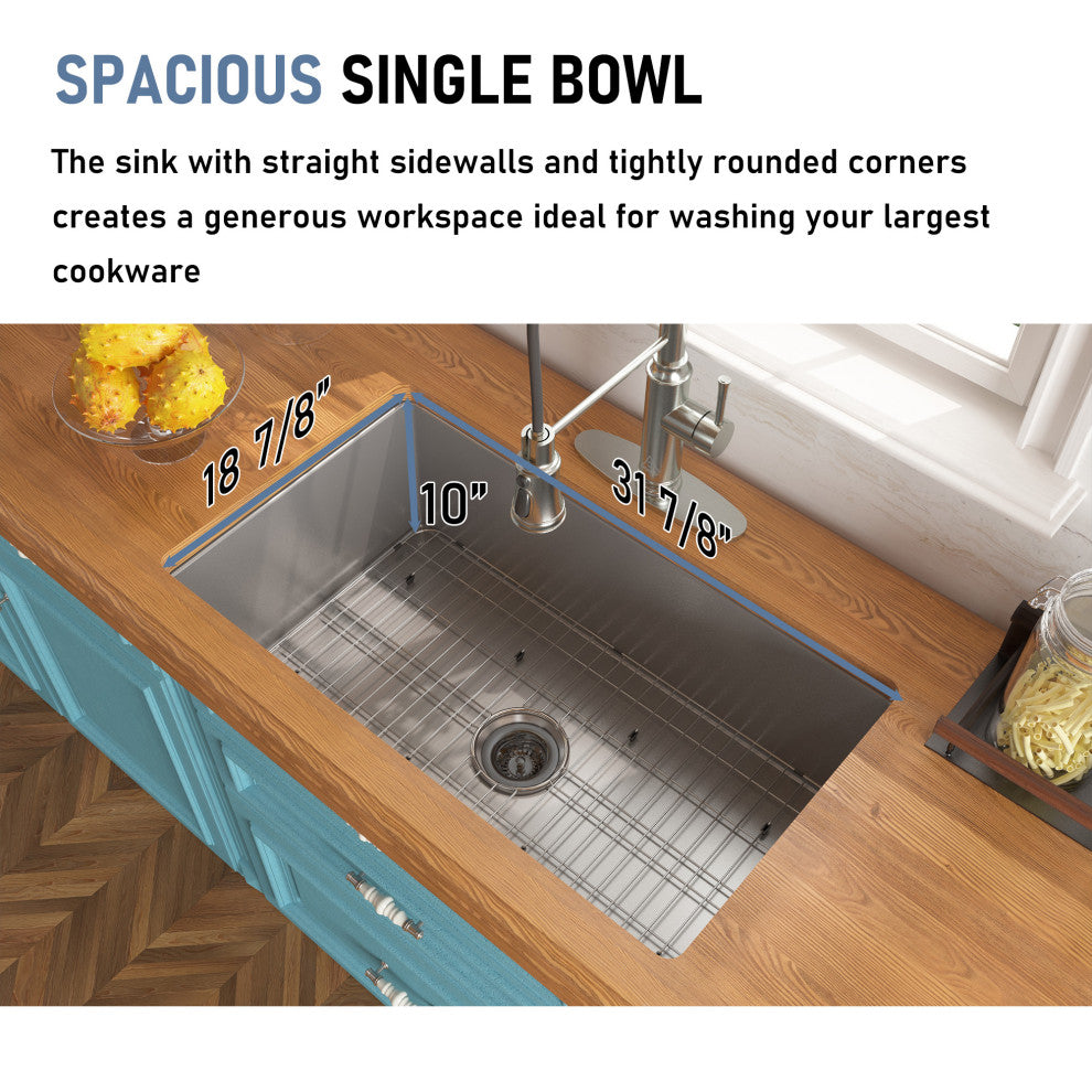 32in Undermount Single Bowl Fireclay Kitchen Sink with Grid and Drainer, Matte Gray
