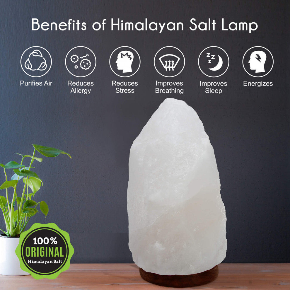 Himalayan Crystal Rock White Natural Shape Medium Salt Lamp, Wood Base