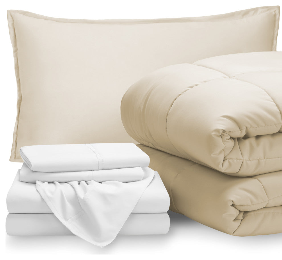 Bare Home 5-Piece Twin Bed-in-a-Bag, Sand, White