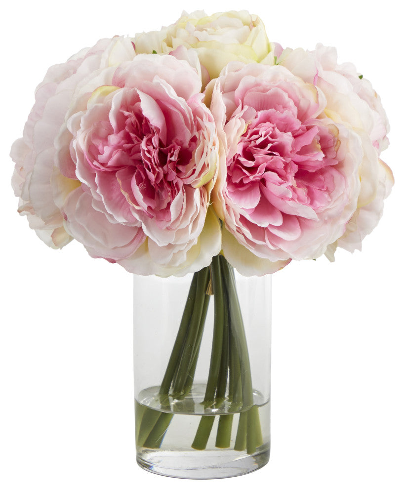 11" Peony Bouquet Artificial Arrangement, Glass Vase