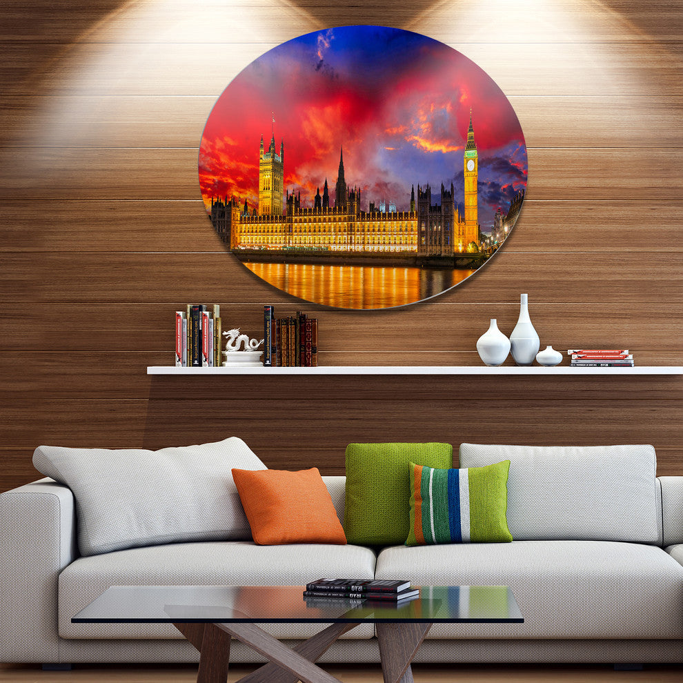 House Of Parliament At River Thames, Cityscape Round Wall Art, 23"