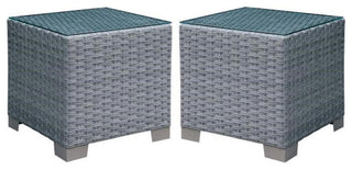 Home Square Condor Rattan Glass Top Patio End Table in Gray - Set of 2