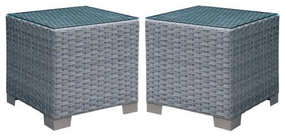 Home Square Condor Rattan Glass Top Patio End Table in Gray - Set of 2
