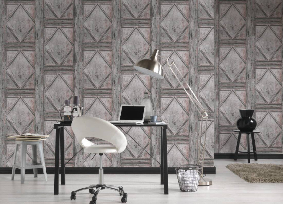 Loft Vintage Textured Wallpaper Featuring Boxes Wood, Gray Brown, Sample