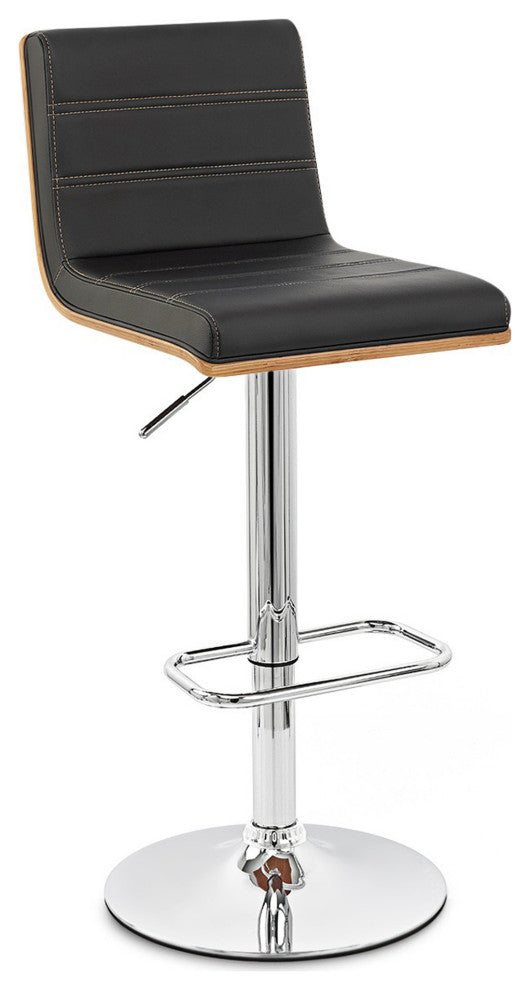 Black Faux Leather Walnut and Chrome Adjustable Swivel Bar Stool