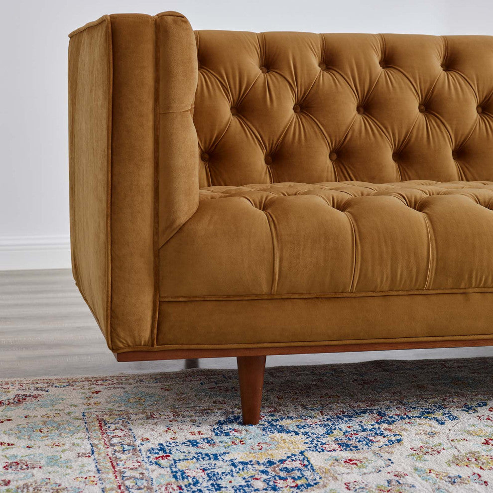 Tufted Sofa, Velvet, Brown, Modern, Living Lounge Room Hotel Lobby Hospitality