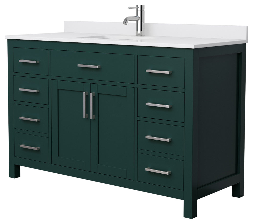 54"SGL Bathroom Vanity Green, White Cult. Marble Countertop, Sink, Nickel Trim