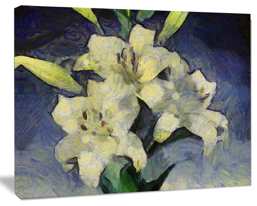 White Lilies on Blue Watercolor, Floral Canvas Art Print, 40"x30"