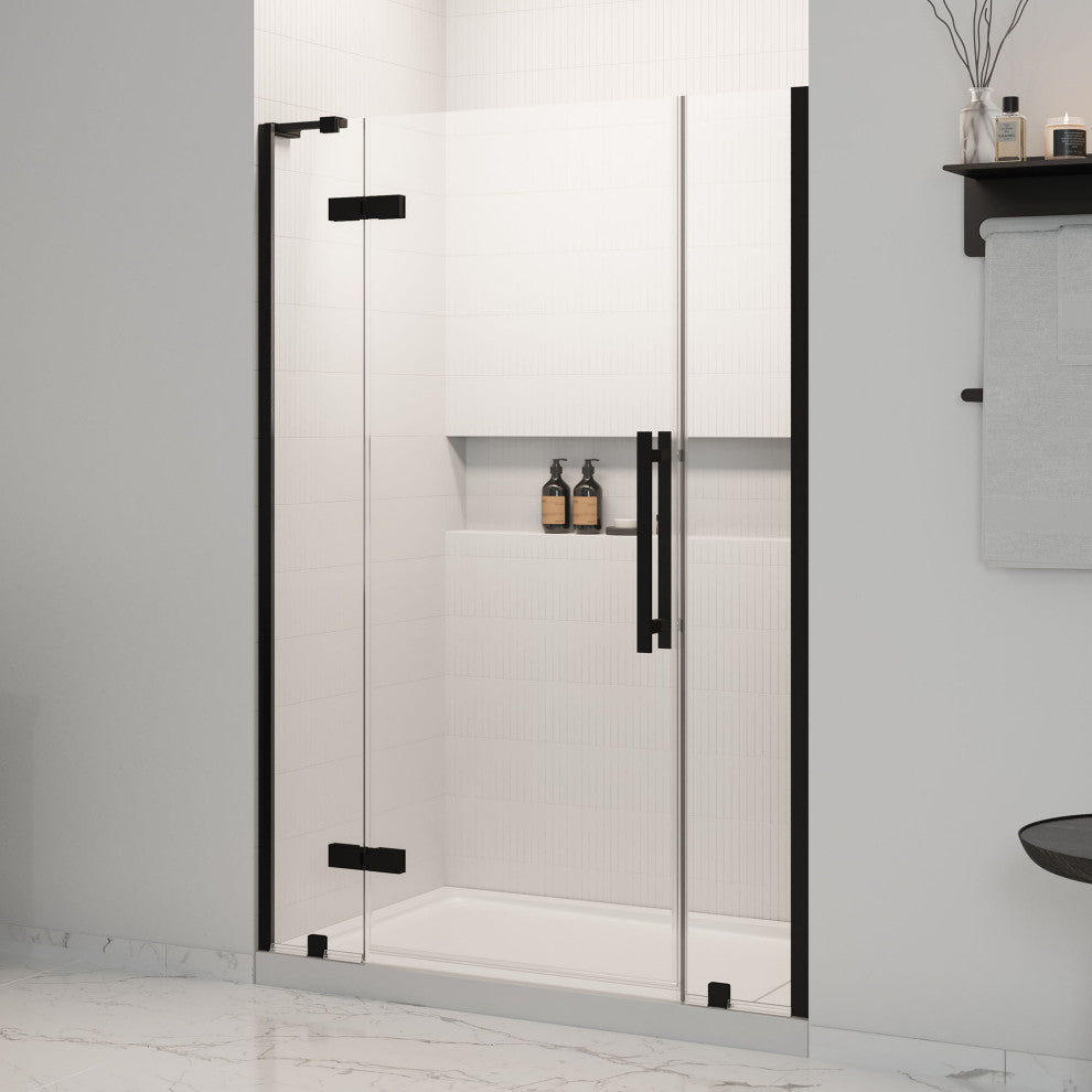 Tampa Alcove Frameless Pivot Hinge Shower Door Kit With Base Pan, Black, 54x36"