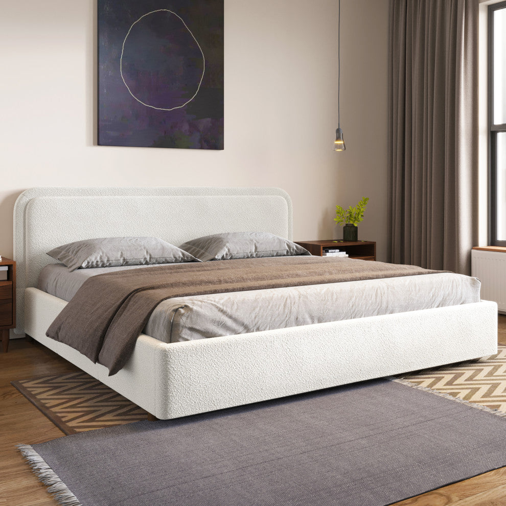 Omax Decor Chloe Modern Fabric Upholstered Platform Bed, White Boucle, King